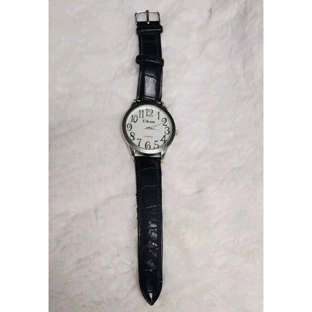 Eikon Silver Tone Quartz Round Case Black Band Watch